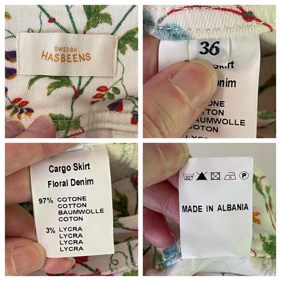 Swedish Hasbeens Floral Denim Cargo Skirt Sz 36 / US M Pockets Multi Stretchy - Picture 9 of 12